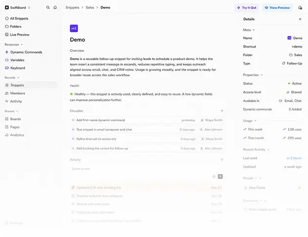 SwiftBoard snippet editor panel